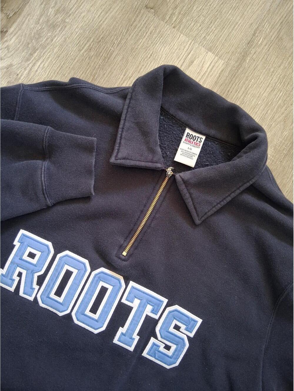 Roots Men's Lg Y2K Vintage Blue Cotton Blend 1/2 Zip Long Sleeve Polo Sweatshirt